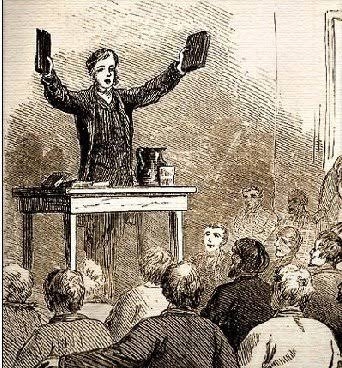 Period engraving of a preacher at a table pulpit, arms raised, congregation below.