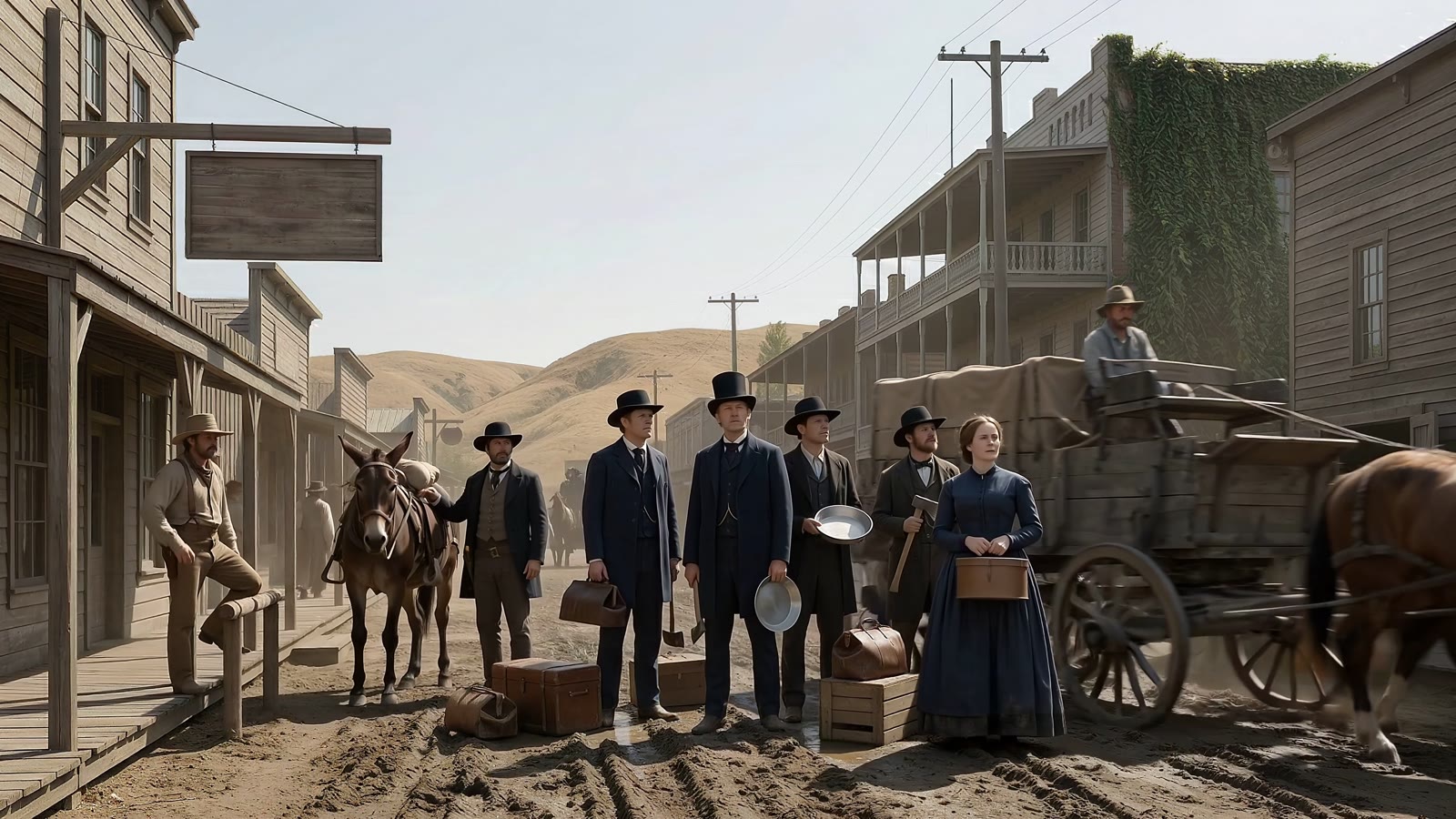 Final composite: newcomers with trunks, pans, and a pack mule stopped in the same Oroville street.