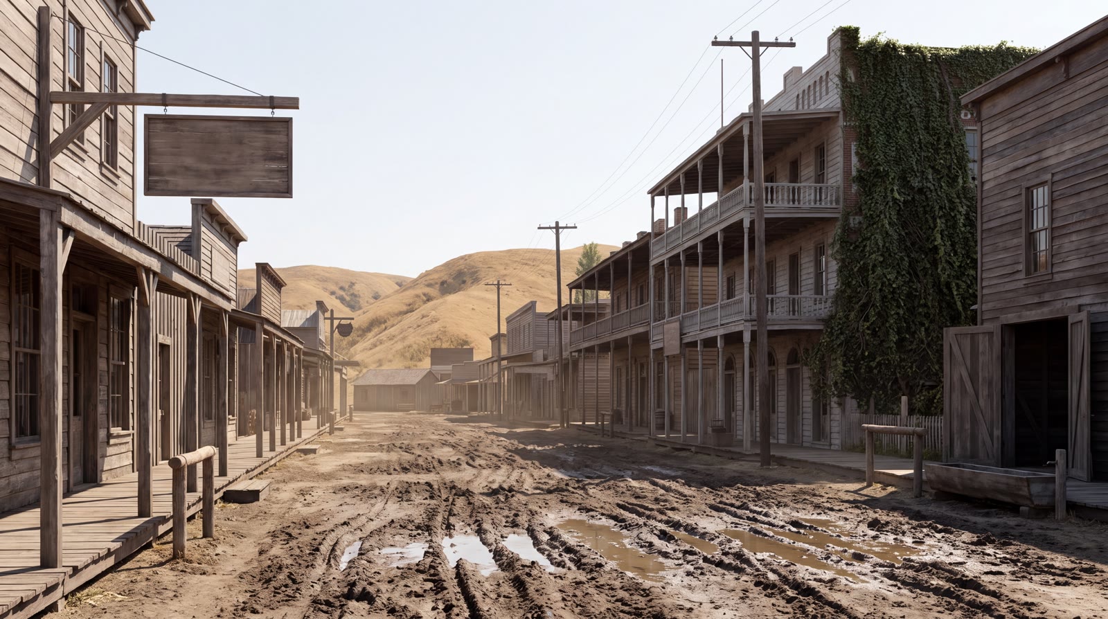Empty environment plate: Oroville's main street in dry Sierra-foothill light — mud ruts, pine-lumber storefronts, bleached hills.