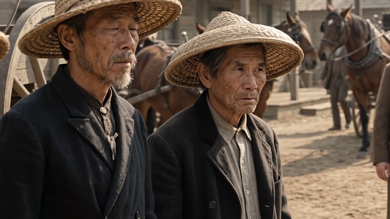 Chinese laborers in wide-brimmed hats in Oroville's main street, wagons and mules behind them — a key frame from the film.
