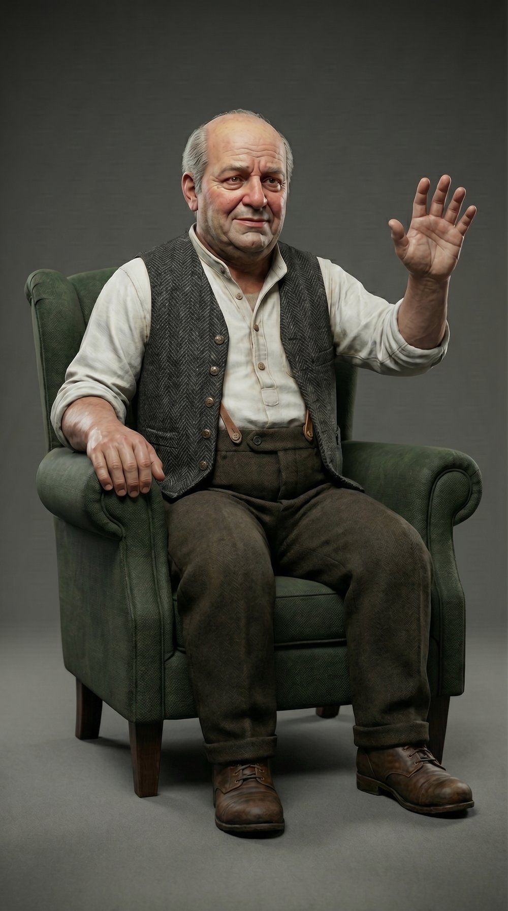 Emil Trueheart seated in the green velvet armchair, isolated studio render for compositing