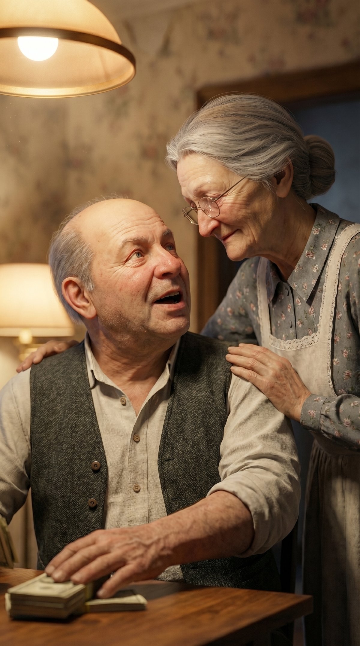 Frame 1: Emil and Mrs. Trueheart in the warm-lit Trueheart living room, money on the table, pendant lamp overhead