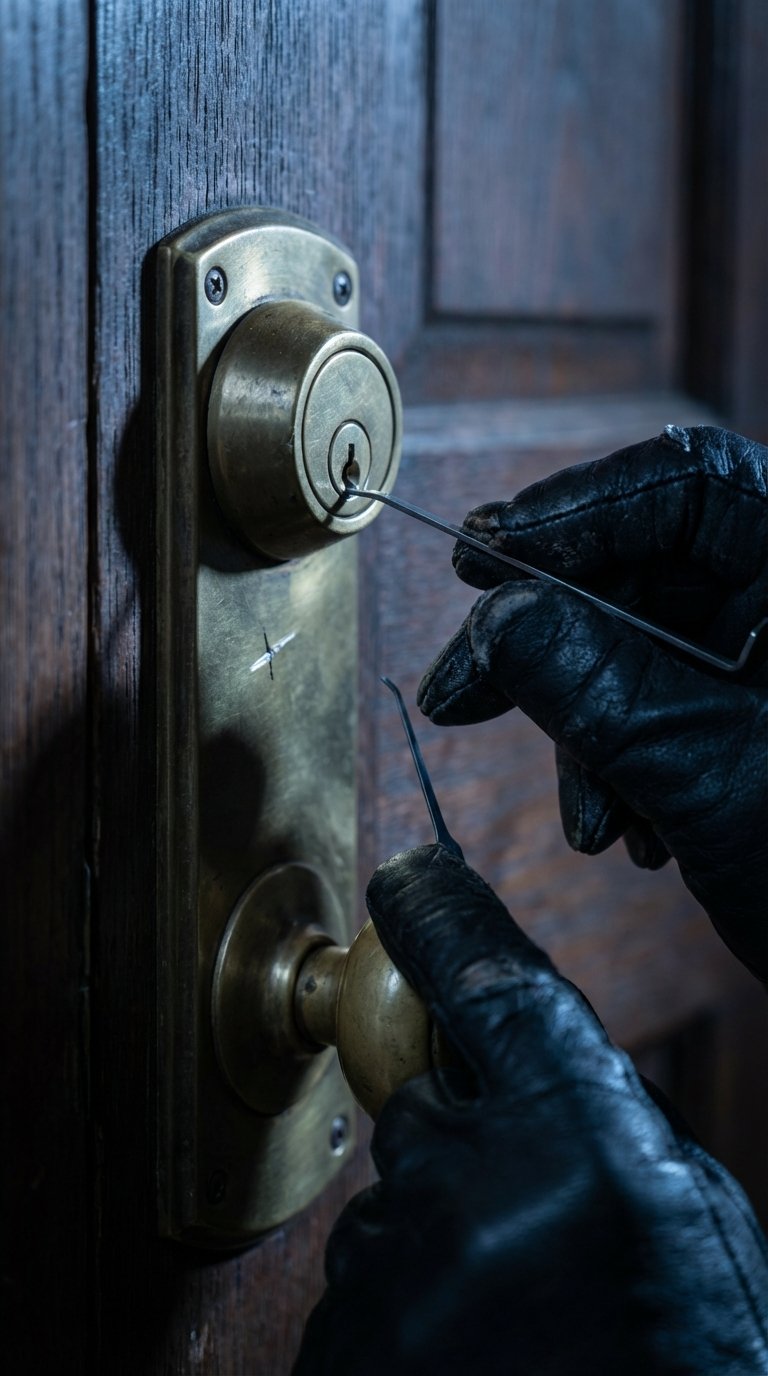 Hands picking the lock of the Trueheart door, cold blue lighting from outside