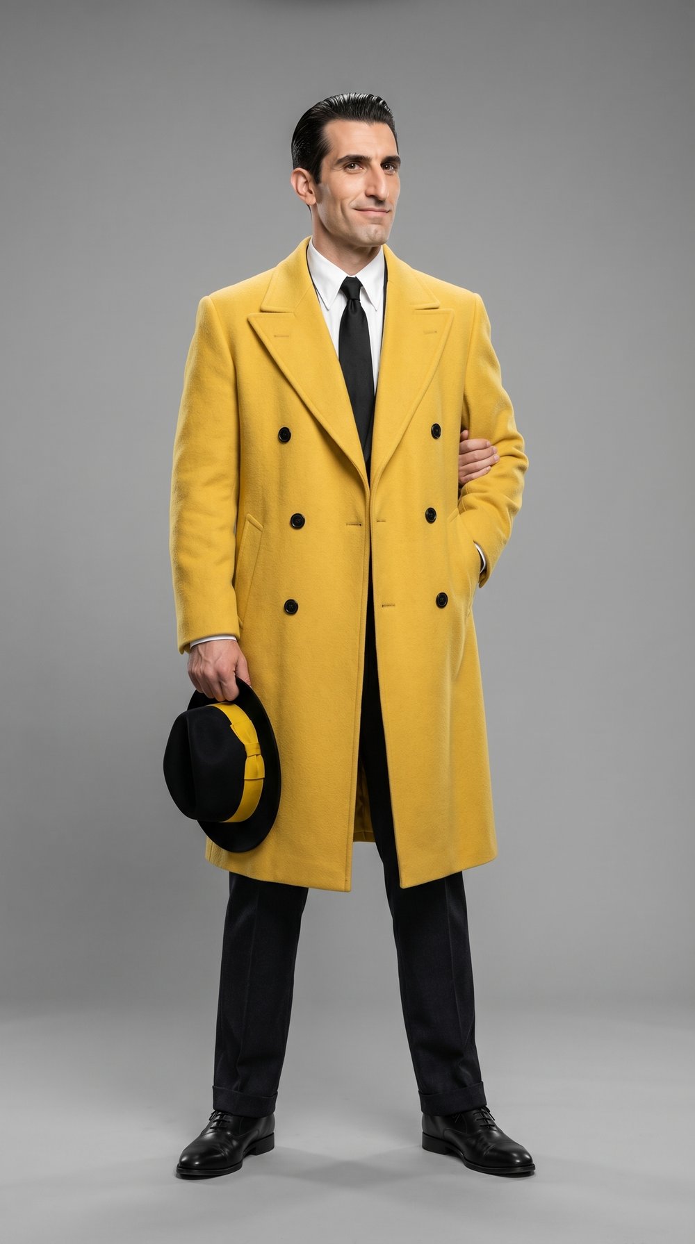 Detective Hawknose in his canary-yellow overcoat and black fedora, hero studio render