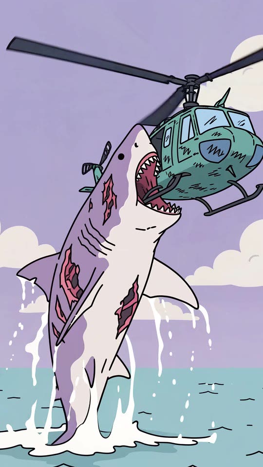 A great white shark leaps from the sea with a helicopter in its jaws.