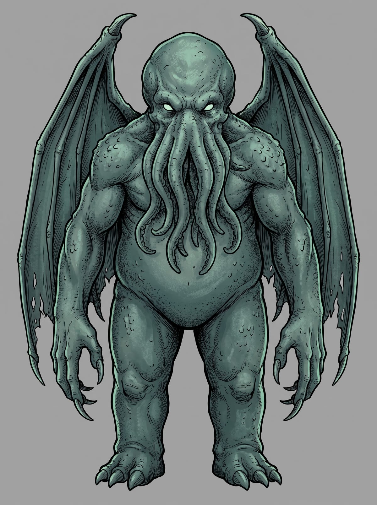 Cthulhu character anchor, front view: winged, tentacled figure in muted sea-green, inked with crosshatching on a flat gray plate.
