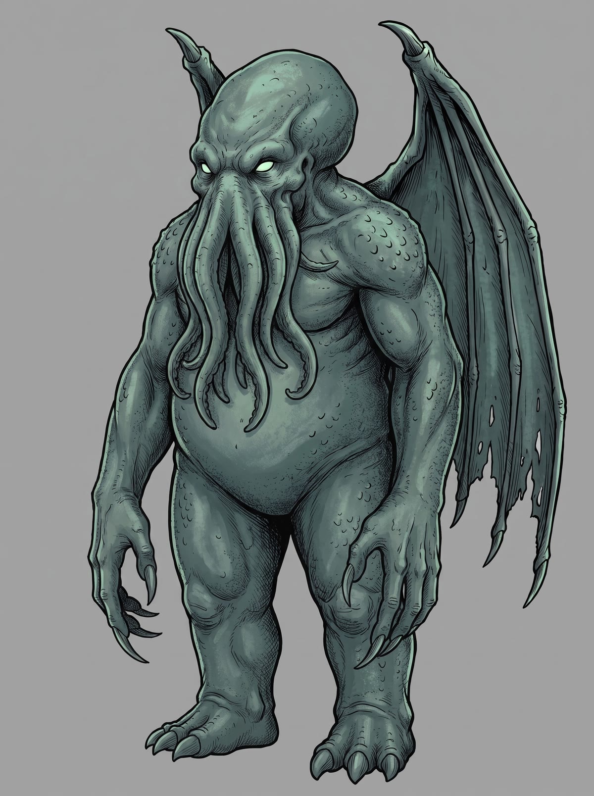 Cthulhu character anchor, three-quarter view: the same figure turned, wings folded, identical proportions and markings.