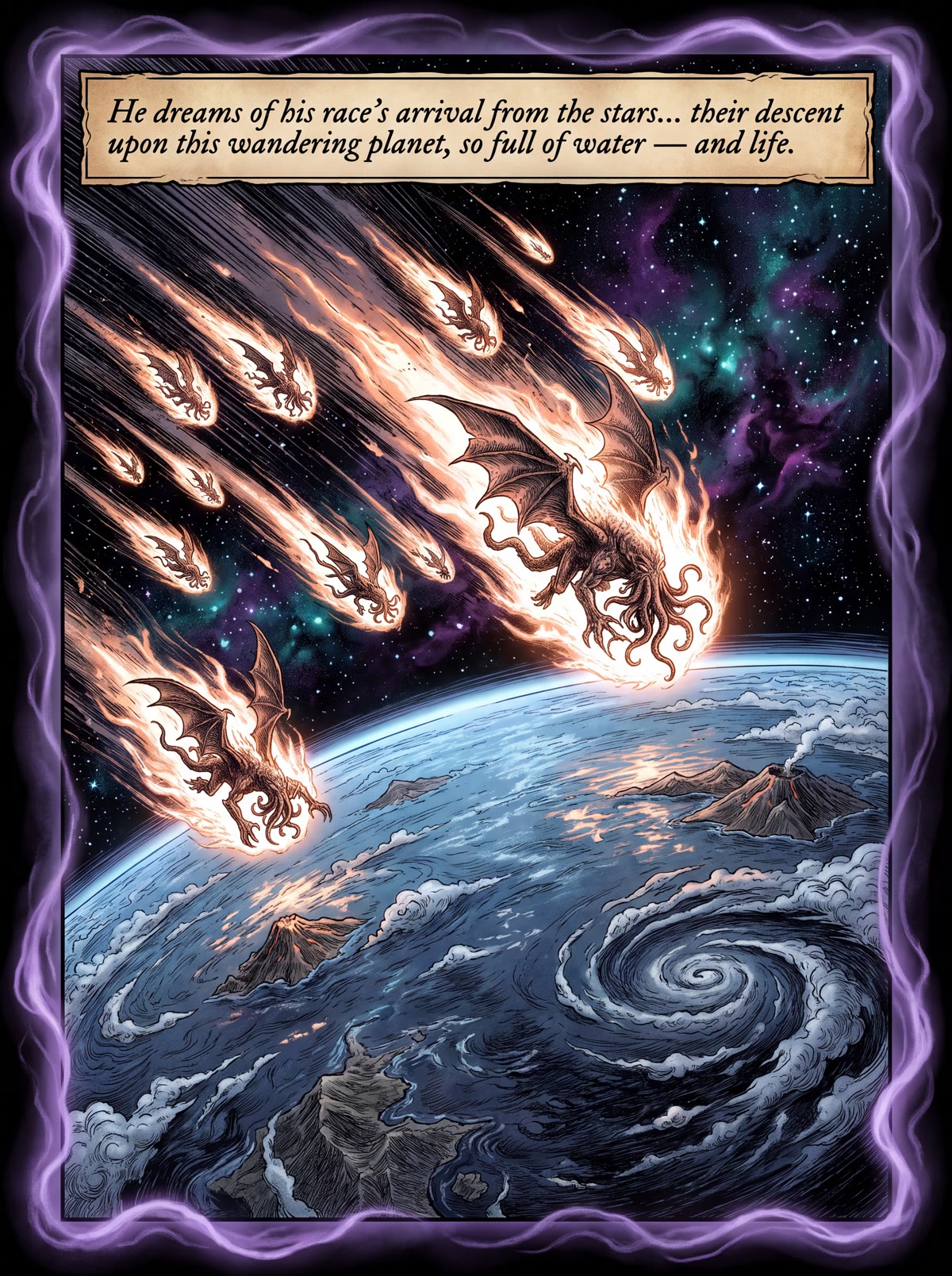 Full splash page: winged figures fall from space as comets of fire toward a young, storm-wrapped ocean Earth, framed in violet aether.