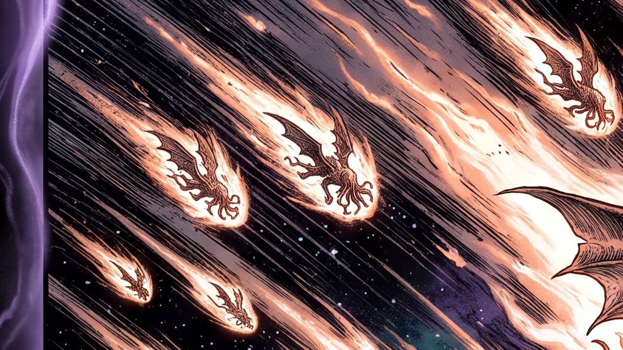 An inked, crosshatched city looking up as something falls from the stars.