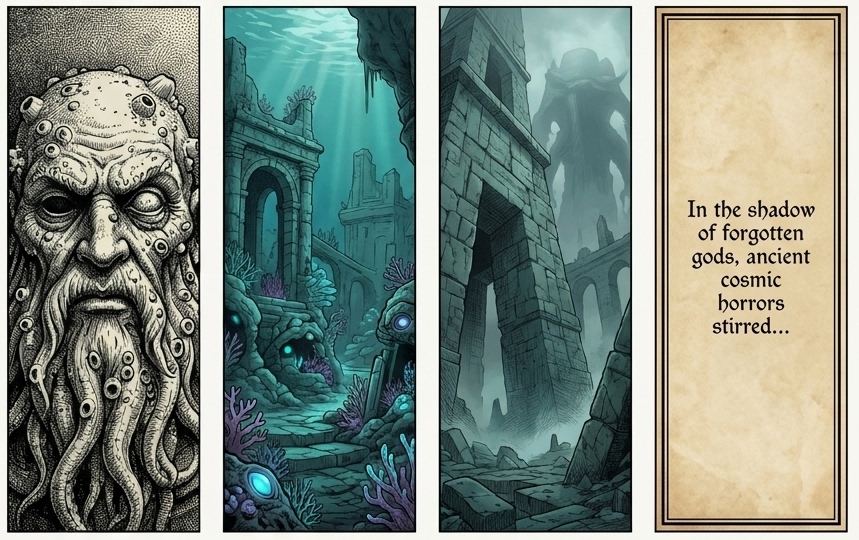 Four-panel strip: a stone idol's bearded face; drowned ruins with glowing coral; a cyclopean arch before a colossal shadow; a parchment caption reading 'In the shadow of forgotten gods, ancient cosmic horrors stirred…'