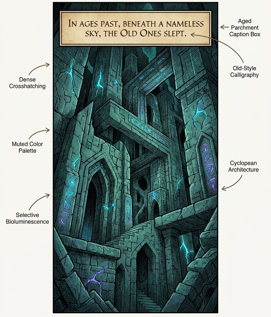 Annotated style panel: a cyclopean stone city rendered with dense crosshatching, muted palette, glowing runes, and an aged parchment caption box reading 'In ages past, beneath a nameless sky, the Old Ones slept.'